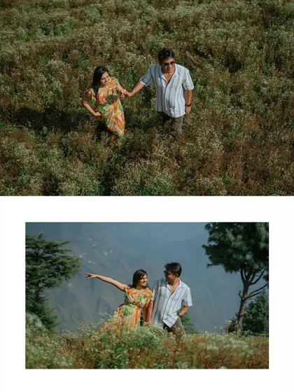 A combination of aerial and eye-level shots from the Mussoorie pre-wedding shoot, showing the variety of angles I use to tell your story.