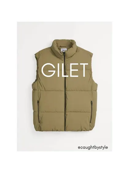 A gilet, or puffer vest, is a practical and stylish layering piece for transitional weather or for wearing under a coat for extra warmth.