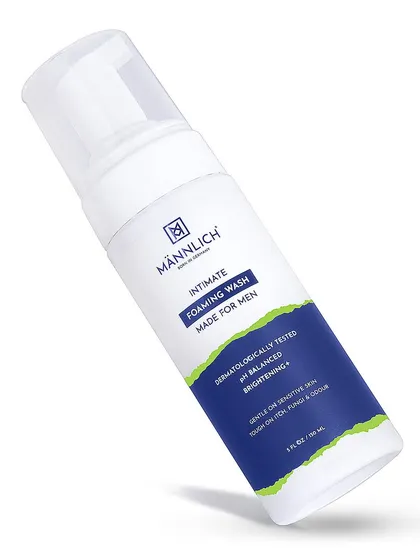 An angled shot of the foaming wash bottle, adding a dynamic feel to a standard product shot.