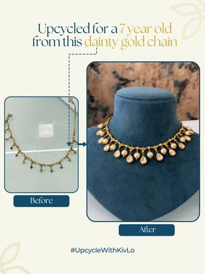 This dainty gold chain was upcycled for a seven-year-old to wear at her uncle's wedding. We added kundan pieces and South Sea pearls to transform it into a dazzling fusion necklace that both mother and daughter can wear.