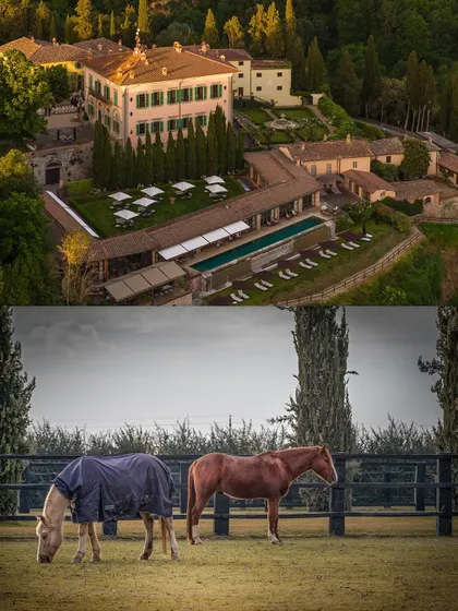 A split shot showing the beautiful Il Borro estate in Tuscany and the horses on the property. It captures the rustic, luxury charm of the location.