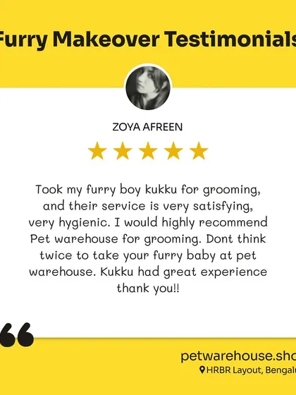 Zoya Afreen highly recommends our HRBR Layout store, noting the very hygienic service and the great experience her furry boy Kukku had. We love hearing that you won't think twice about visiting us again.