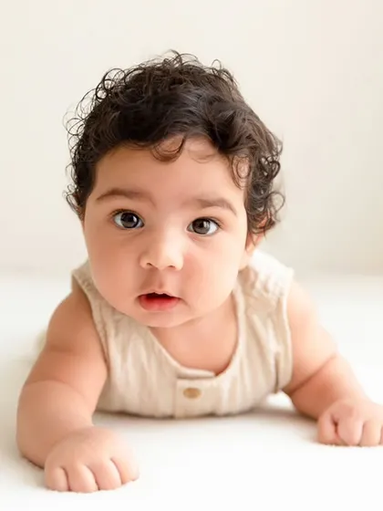 A baby practices tummy time on a white surface, a key milestone for this age, looking directly at the camera.