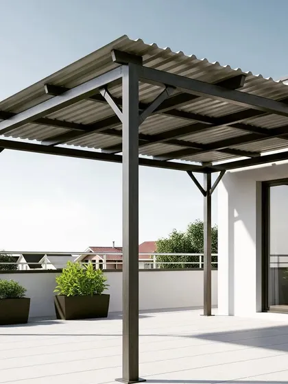 A practical and sturdy metal pergola with a corrugated metal roof. This design offers full protection from rain and sun, making it a highly functional choice for an all-weather outdoor space.