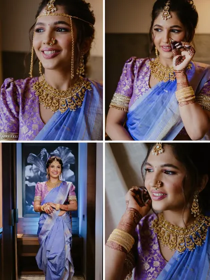 A collection of portraits of a Maharashtrian bride in a beautiful purple saree, showcasing her traditional jewelry, nose ring, and happy expressions.