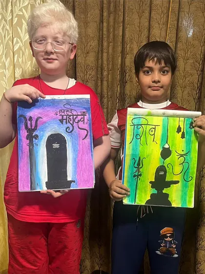 My students with their Mahashivratri artwork, featuring the Shivling and symbols of Lord Shiva. It's a creative way to connect with spirituality.