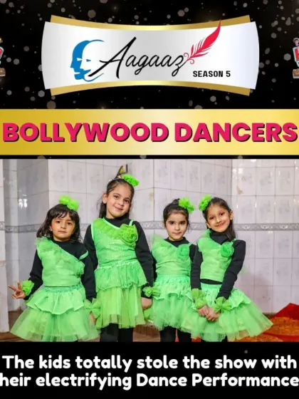 Our Bollywood dancers backstage at Aagaaz Season 5. Dressed in electrifying green costumes, they are ready to steal the show with their performance.