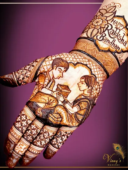 Celebrating the bond of siblings with this special Raksha Bandhan design. The artwork captures a sister tying a rakhi on her brother's wrist, a beautiful moment immortalized in henna.