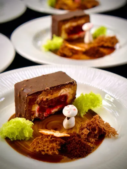 A beautifully plated Black Forest Cake, my modern interpretation of the classic dessert from Sweet Chariot bakery, served at the Bangalore Nostalgia dinner.