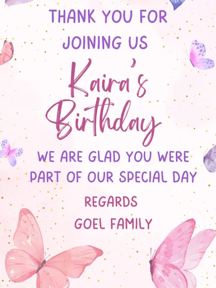 The thank you card designed for Kaira's lavender butterfly-themed birthday hampers. We believe these little details make the gift even more special for the guests.