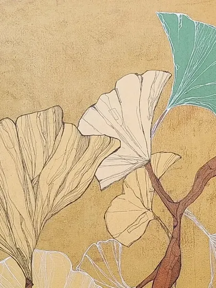 This detail shot focuses on the delicate, fan-like shapes of the ginkgo leaves. The combination of line drawing and solid color blocks creates a beautiful contrast on the warm, textured canvas.