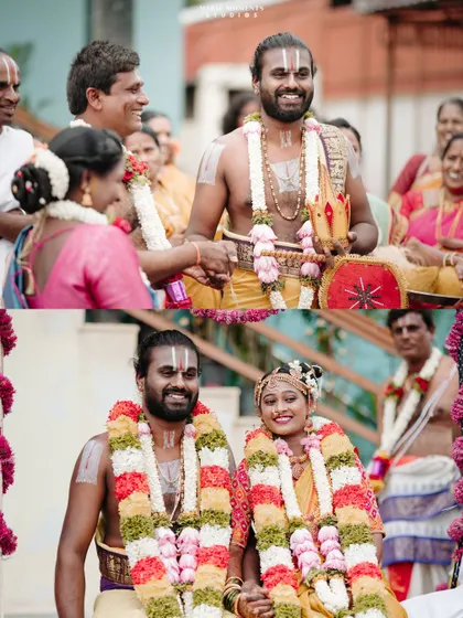 A collage showing more happy moments from the wedding ceremony, capturing the smiles of the couple and their families.