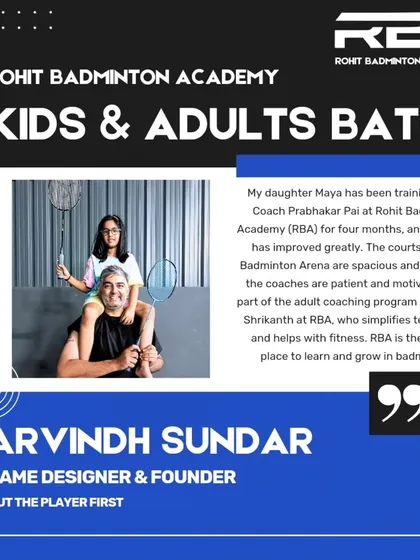 A testimonial from Arvinh Sundar, who trains in our adult batch while his daughter trains in the kids' batch. He appreciates our patient coaches and clean, spacious courts.