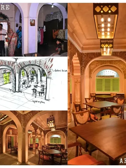 From initial concept sketch to the finished Lakhori restaurant. This collage shows the journey of a space from a simple living area to a fully realized antique-style dining room with custom chandeliers and dark polished wood furniture.