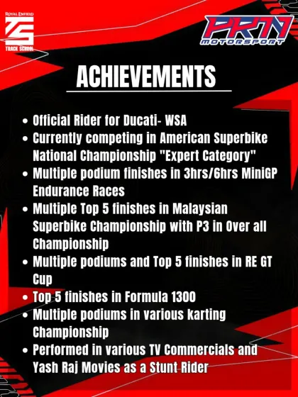 A look at Coach Ashish's incredible achievements, including podiums in Malaysian Superbike and MiniGP Endurance races. This global experience provides our students with world-class insights.