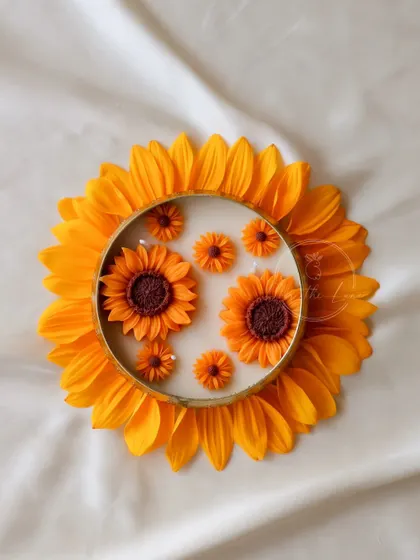 My bestselling Sunflower Urli, styled with real sunflower petals. This candle is all about capturing the bright, happy feeling of a sunflower field.