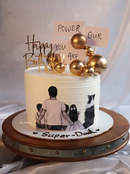 A heartwarming cake for a super-dad, featuring a custom illustration of a father with his kids and their dog.