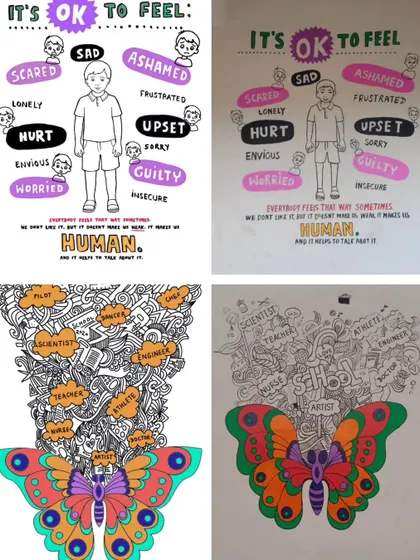 These murals were designed to promote emotional intelligence and career aspirations. The top one helps kids identify their feelings, while the bottom one encourages them to dream big about their future.
