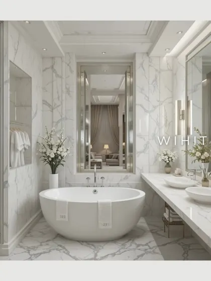 White is associated with purity, cleanliness, and simplicity. In this bathroom, all-white marble tiles and fixtures create a bright, airy, and timelessly luxurious spa-like environment.