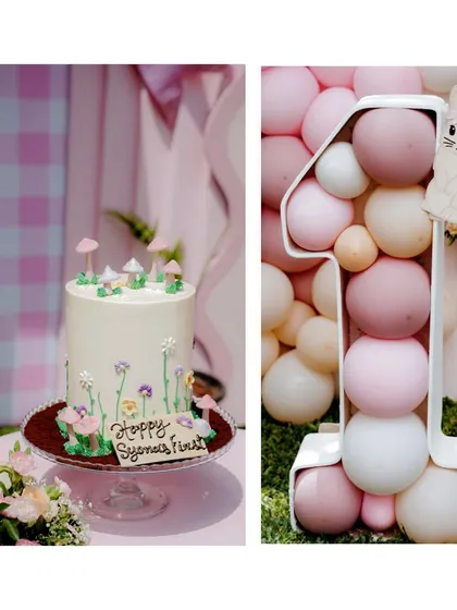 Sweet details from a first birthday, featuring a whimsical cake with tiny mushrooms and a close-up of a balloon-filled number '1' prop with a cute bunny cutout.