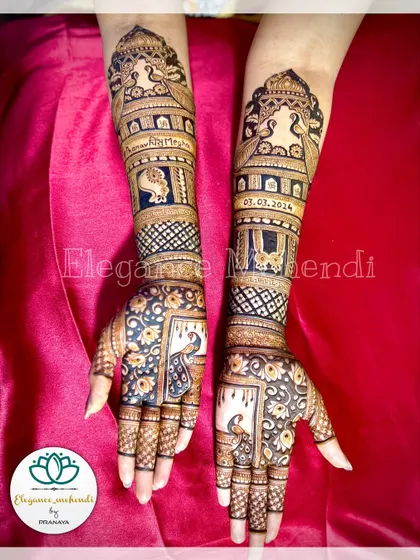 A stunning bridal design featuring floral patterns, peacock motifs, and traditional symbols like the 'nath' and 'mangalsutra'.
