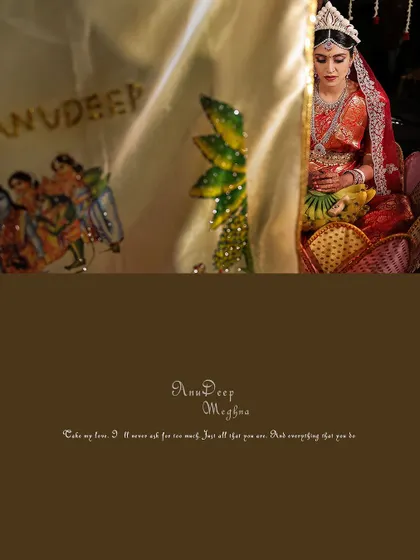 An artistic shot of the bride behind a personalized veil, adding a unique touch to her wedding story.