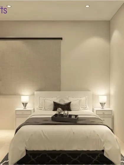 A compact and cozy bedroom from our 'Heritage County' villa project. The design is simple and elegant, with a neutral color palette and soft lighting creating a peaceful ambiance.