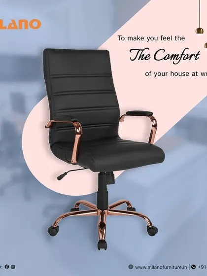Employee comfort is crucial for productivity. This ergonomic office chair features a plush leatherette seat, adjustable height, and a rose gold-finished base, offering a blend of luxury, comfort, and professional design for long work hours.