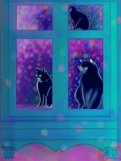 A magical illustration of three black cats sitting in a blue cabinet, looking out into a sparkling, colorful void.