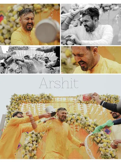 A collage dedicated to the groom's Haldi celebration. The images, both color and monochrome, capture his friends and family dousing him in water and turmeric.