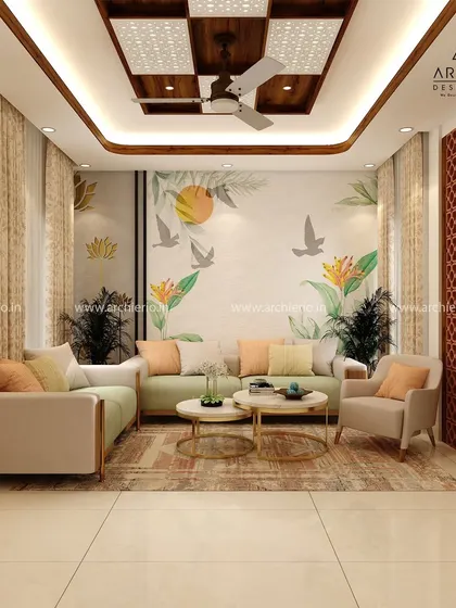 A living room that feels like a breath of fresh air, with a nature-inspired wall mural and a light color palette. The wooden ceiling details add a touch of traditional craftsmanship.