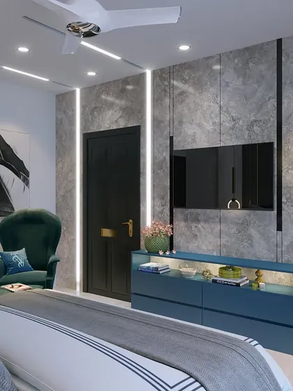 A luxurious master bedroom concept with sea green and white tones. The marble TV wall and glowing accents create a radiant and fresh feel.