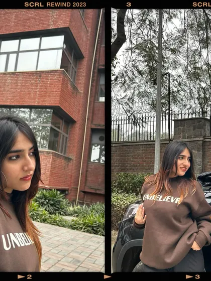 A thoughtful pose in the brown sweatshirt. This shows that even the most casual outfits can be styled in a cool, editorial way.