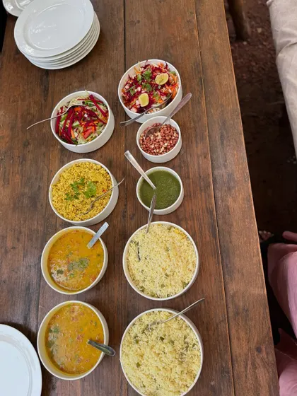 An artful spread of our retreat food. We offer a variety of dishes at each meal, including fresh salads, hearty dals, and perfectly cooked grains to satisfy all palates.