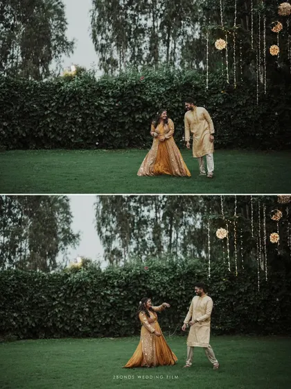 A two-panel image of the couple dancing and playing on the lawn during their evening Haldi celebration.