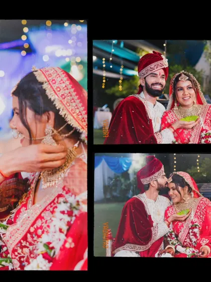 A collage of tender moments, including the groom adjusting the bride's necklace and sharing a kiss, capturing the intimacy of their relationship.