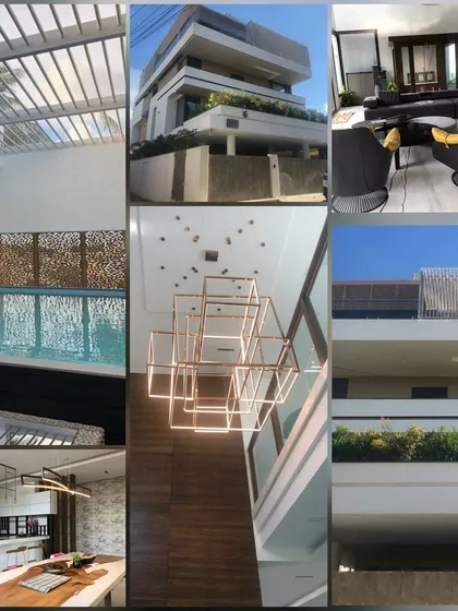 A collection of images from a luxury urban residence, showcasing the pool, modern interiors, dramatic lighting, and multi-level terraces. This project is an example of our expertise in creating complex, high-end city homes.