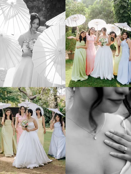 A collection of moments featuring the bride and her bridesmaids with elegant white parasols.