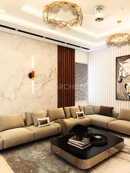A spacious living room render with a large U-shaped sofa, elegant chandeliers, and a mix of marble and wood wall panels, creating a luxurious and inviting atmosphere.