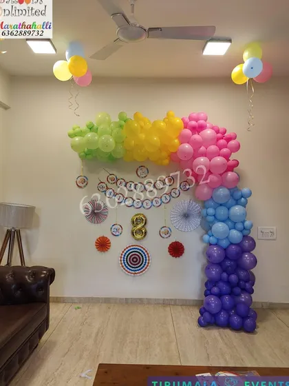 A colorful rainbow themed balloon decoration, perfect for adding a splash of color to a home birthday celebration.