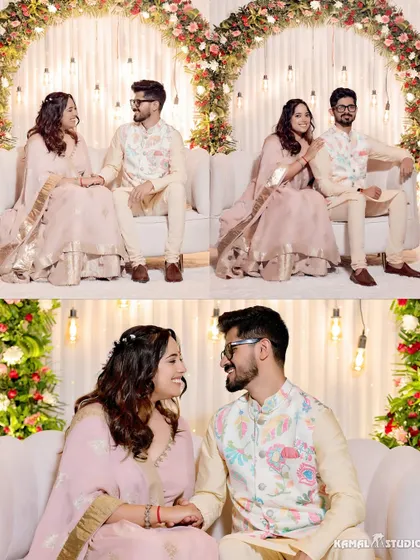 A collage of the couple seated on a couch, sharing smiles and conversations against a floral backdrop.