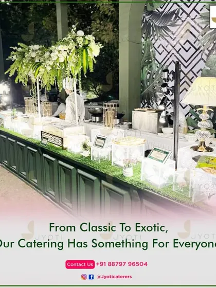 A fresh and modern garden theme, this buffet features a green paneled counter, clear acrylic risers, and a bold geometric-patterned backdrop.