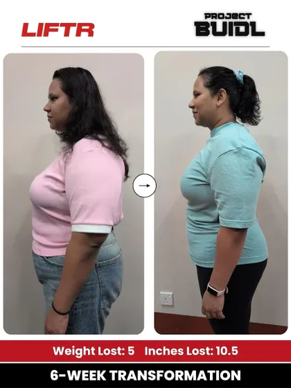Charini overcame motivation struggles and past injuries to lose 5 kg and 10.5 inches. Her side profile transformation is a testament to our safe and effective training.