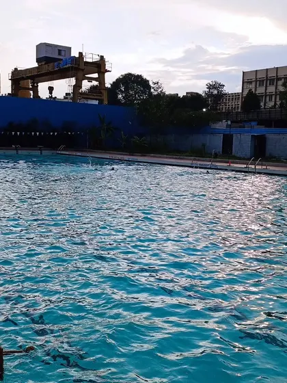 A beautiful shot of the water at our outdoor pool in Wilson Garden, glistening in the evening sun.
