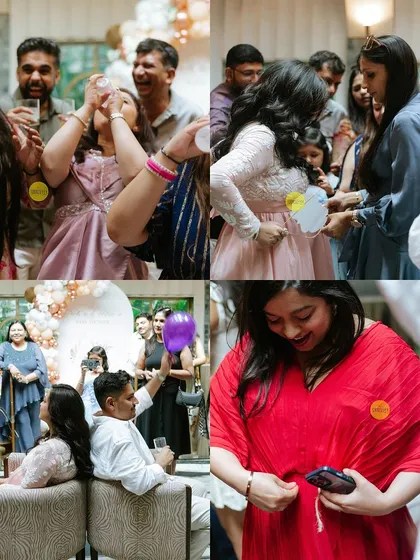 A collage of fun and games from a boho-themed baby shower. You can see guests enjoying the "measure the belly" game, the shoe game, and the baby bottle drinking race.