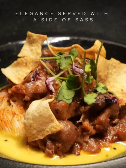 Elegance served with a side of sass. This dish combines tender meat in a creamy sauce with crispy tortilla chips, creating a playful yet sophisticated mix of textures and flavours.