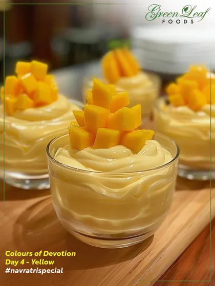 On Day 4 of Navratri, we embraced the color yellow with this joyful mango mousse. This creamy dessert, topped with fresh mango, brings a touch of sunshine and sweetness to your festive plate.