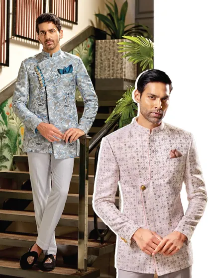 Where tradition meets modern sophistication. This gallery showcases two distinct looks, a floral blue asymmetrical bandhgala and a subtle pink patterned one, both tailored for the man who commands attention.