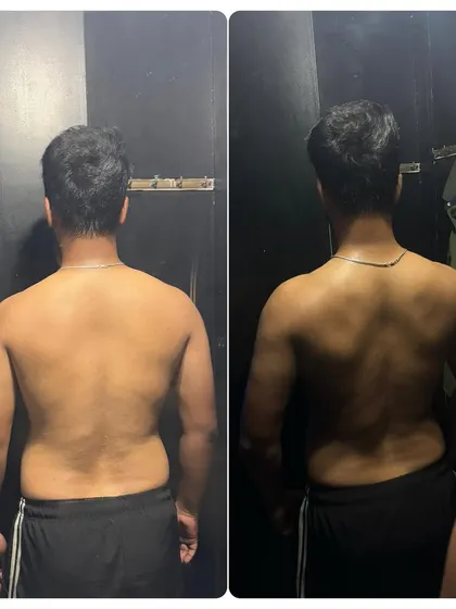 The back tells the story. This rear view shows the developing back and shoulder muscles after just two months of training.