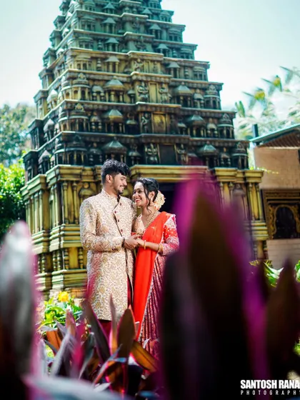 A grand portrait with a temple-like structure in the background, adding a cultural and majestic feel.